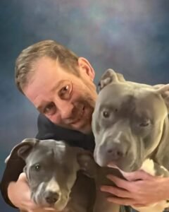 Man smiling with two gray dogs