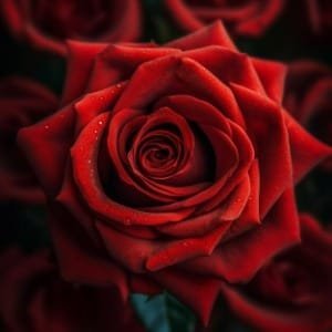 Close-up of a vibrant red rose with droplets.