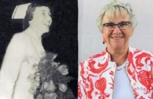 Vintage and modern portraits of a smiling woman.