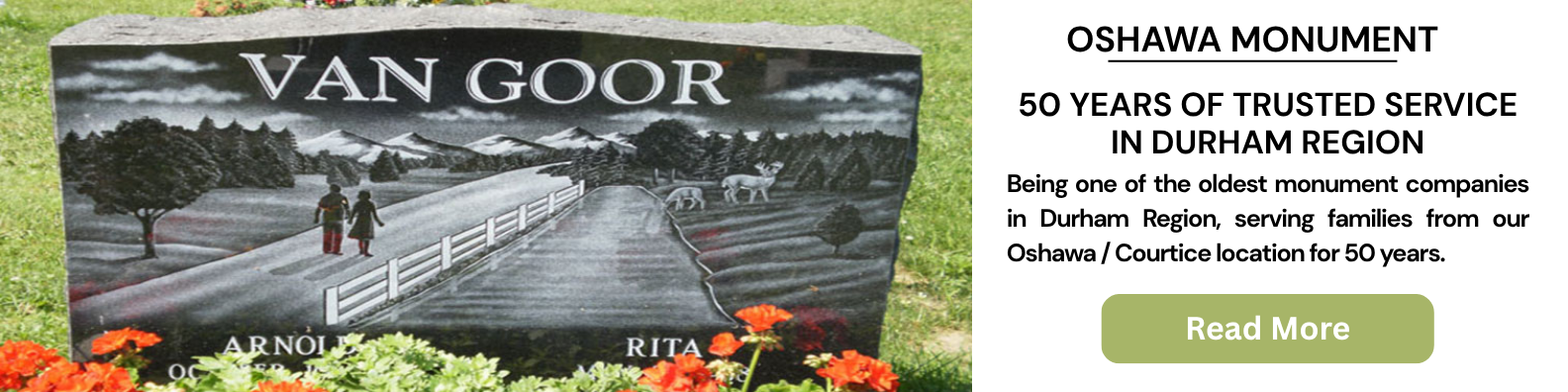Oshawa Monument granite headstone with engraved art.