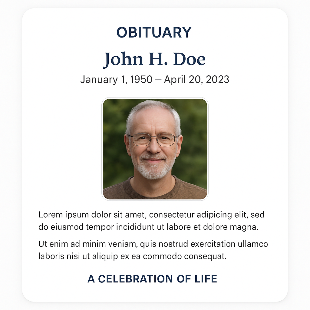 Obituary notice with older man's portrait.