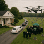 Drone captures funeral procession in cemetery.