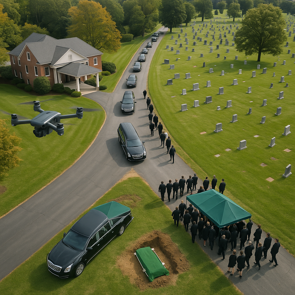Funeral procession with hearse in cemetery.