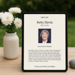 Tablet displaying Betty Slavin obituary on table.
