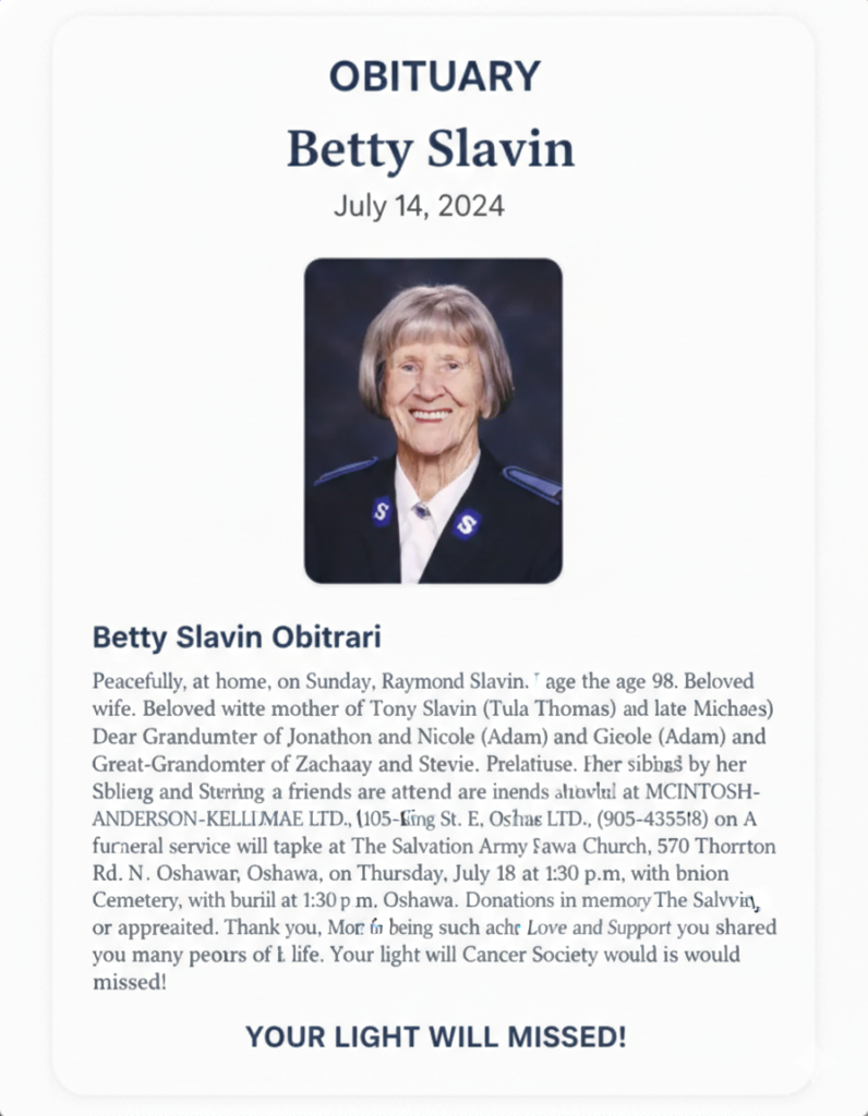 Obituary for Betty Slavin, July 14, 2024.