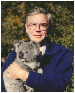 Man holding a koala in outdoor setting.