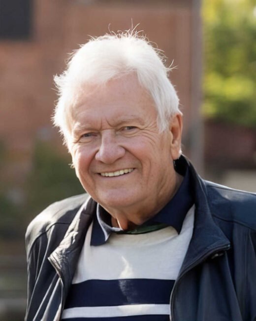 Elderly man smiling outdoors in casual attire.
