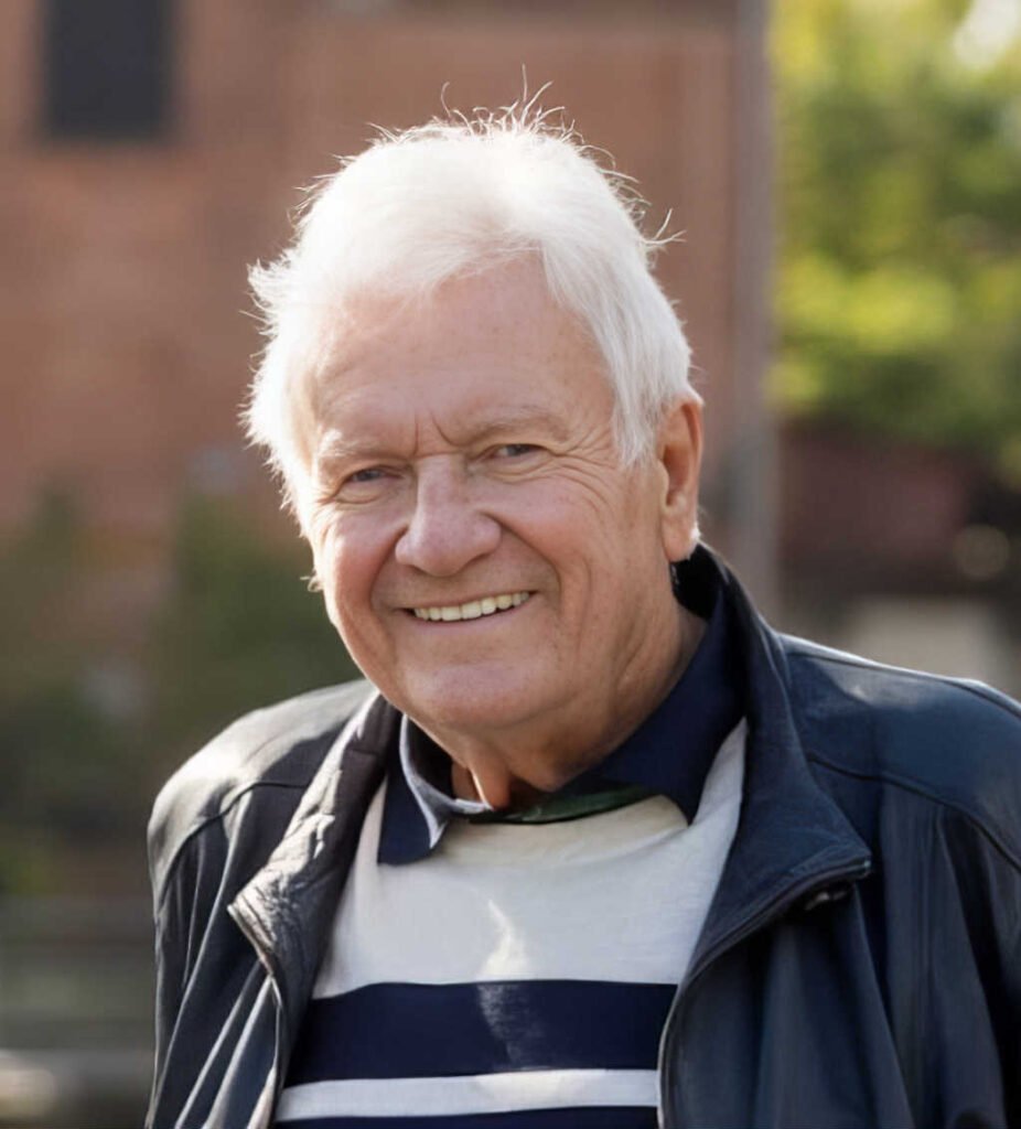 Elderly man smiling outdoors in casual attire.