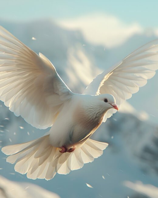 White dove flying over snowy mountains