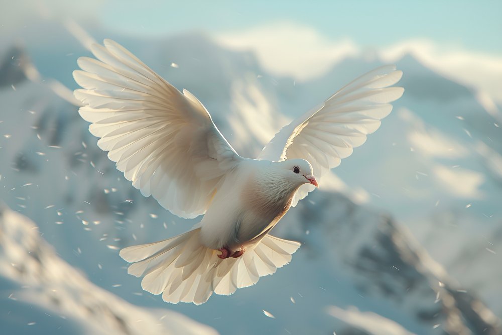 White dove flying over snowy mountains