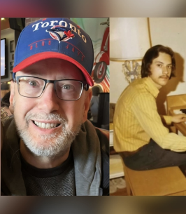 Man in Blue Jays cap, vintage photo playing piano.