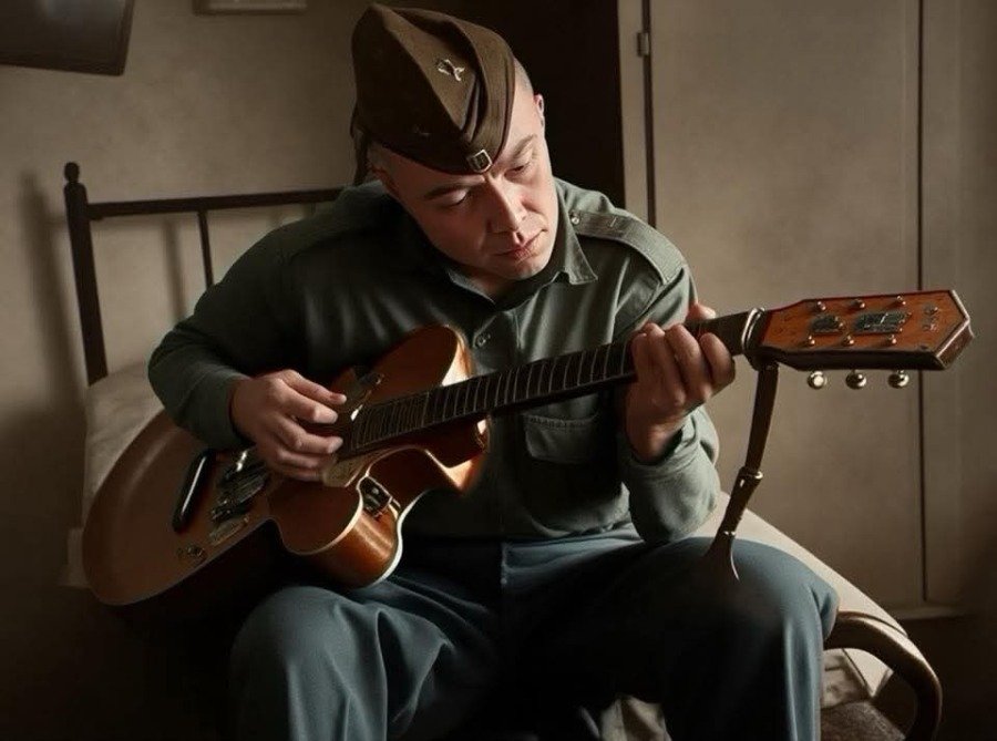 COULTER, David Coulter Soldier playing guitar on bed.