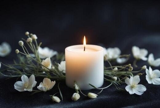 a white candle with flowers on a black backgrounda white candle with flowers on a black background photo