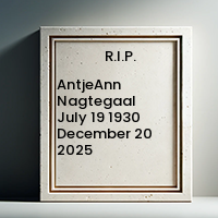 Memorial plaque for AntjeAnn Nagtegaal, 1930-2025