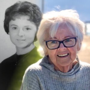 Smiling elderly woman with past photo overlay.