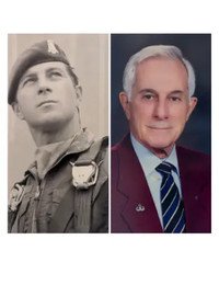 Side-by-side portraits of a man in uniform and suit.
