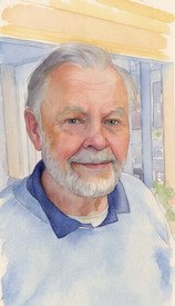 Elderly man smiling in watercolor portrait.