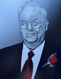 Portrait of a smiling elderly man with red rose.
