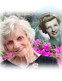 Elderly woman smiling with flowers and vintage portrait.