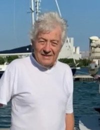 Person standing by the sea with boats