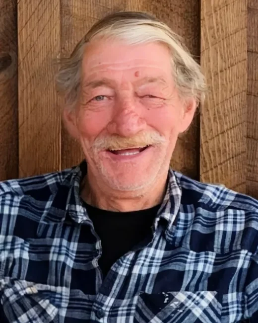 Smiling man in plaid shirt against wooden background.