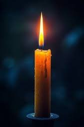Lit candle glowing in the dark room