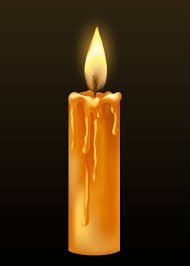 Burning candle with melted wax drips.