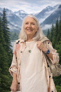 Smiling woman in nature with mountain background