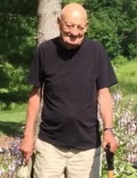 Elderly man with canes in a garden.