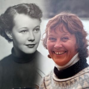 Woman in vintage and modern photos, smiling.