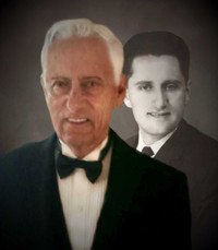 Elderly man in tuxedo with younger photo behind.