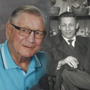 Side-by-side portraits of older and younger man.