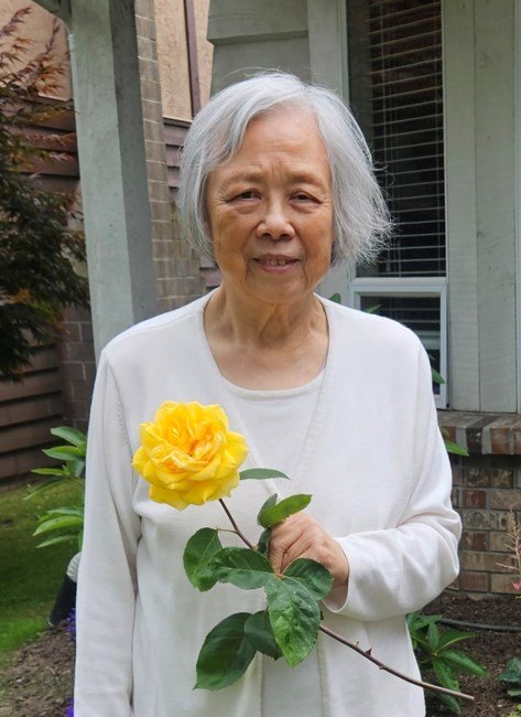 Senior woman holding yellow rose in garden.