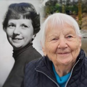 Elderly woman with younger self in background.