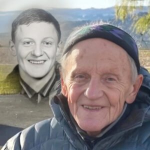 Elderly man outdoors with young man's portrait overlay.