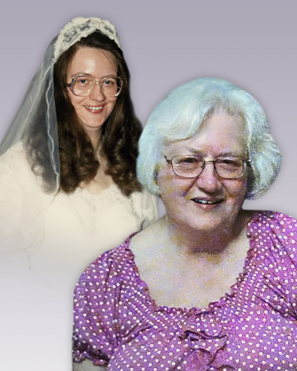 HERITZ, Patricia Mae Heritz Smiling woman in wedding dress and older woman.