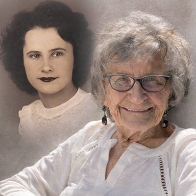 Portrait of elderly woman with young self photo.
