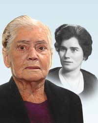 Elderly woman with her younger self in background.