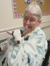 Elderly woman holding a baby goat indoors.