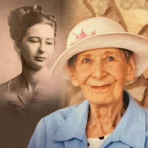 Elderly woman in hat with younger photo beside her.