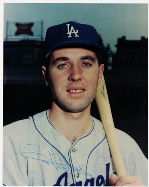 Baseball player in LA cap holding bat