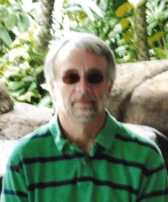 Man in green striped shirt under trees.