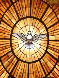 Stained glass dove with golden rays
