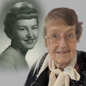 Elderly woman with a younger portrait.