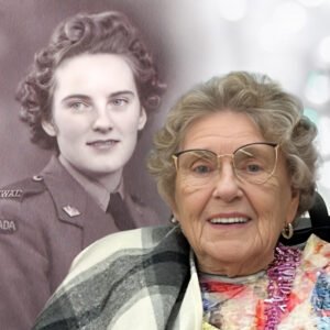 Elderly woman with vintage military portrait background.