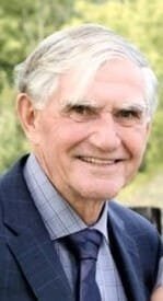 Smiling elderly man in suit with nature background.
