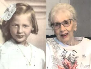 Side-by-side portraits of young and old woman.